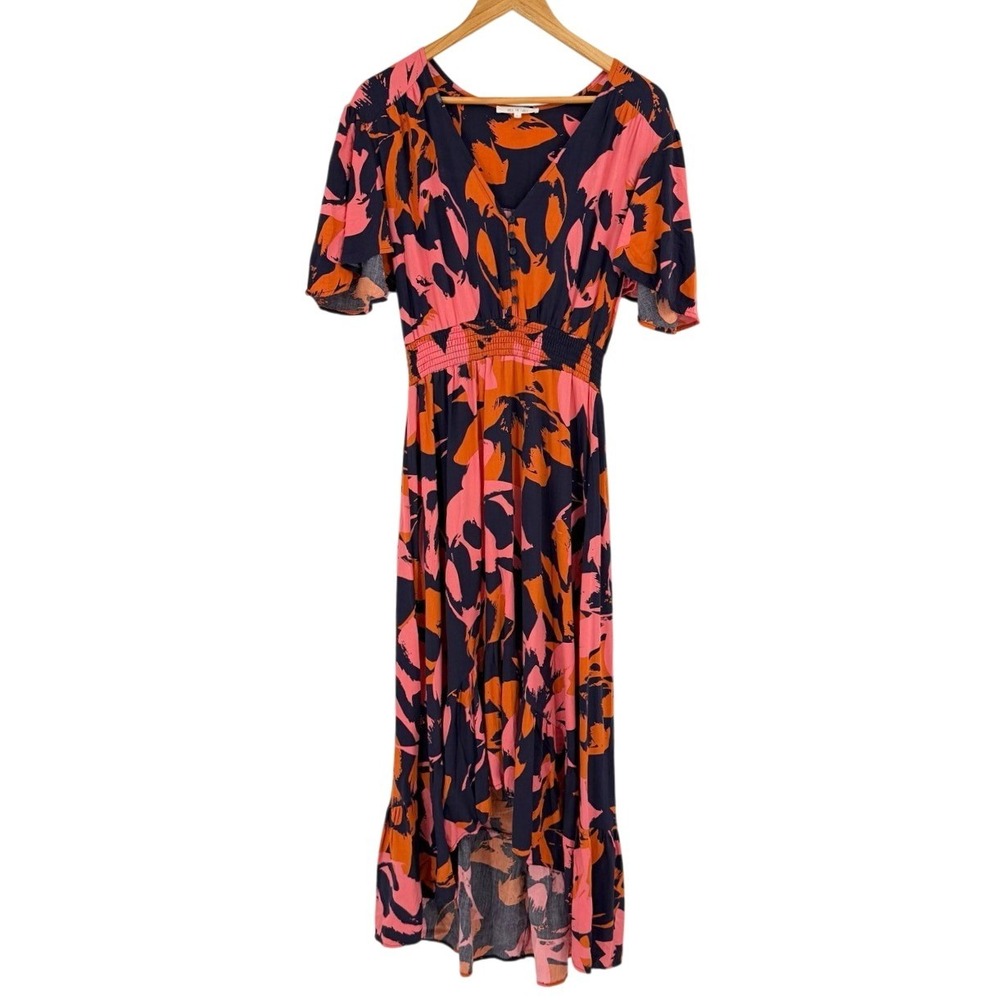 Abel The Label Womens Large Maxi Dress Floral High Low Flutter Sleeve Flowy Boho - Picture 2 of 9